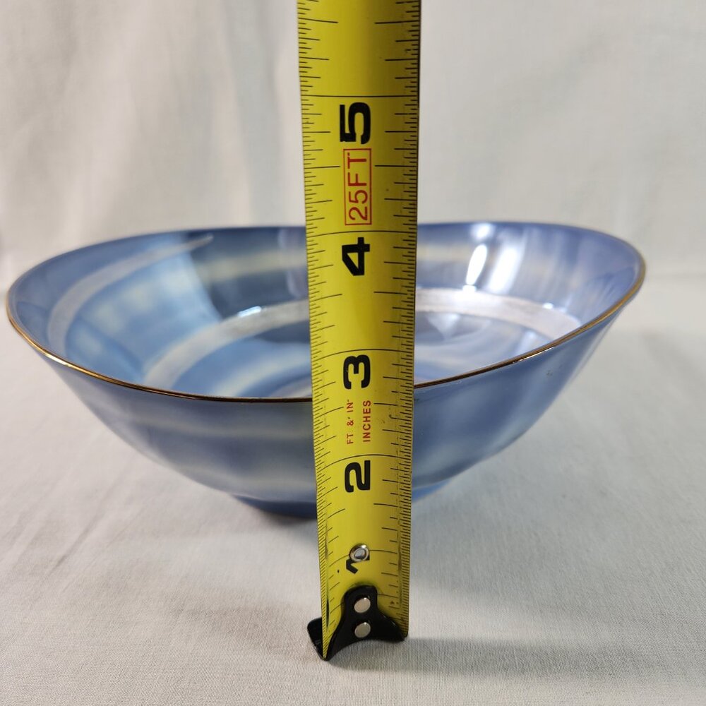 Japanese Ceramic Swirl Bowl Blue White Elongated Edge * Footed Shiny Inner Base - Picture 13 of 16
